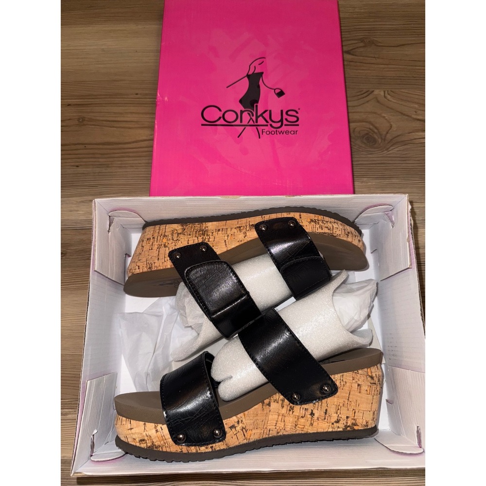 Corkys Footwear Womens Black Cork Wedge Platform Slide Sandals Studded Straps